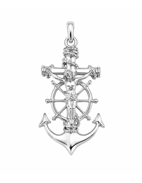 Colgante Cristo Crucificado con Cruz, Ancla y Timón - Plata de ley