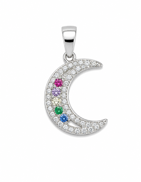 Colgante Luna Creciente con Circonitas Multicolor - Plata de Ley