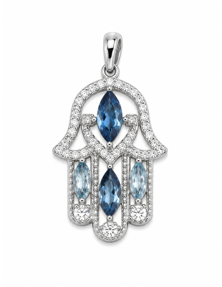 Colgante Mano de Fátima con Circonitas Azules - Plata de Ley
