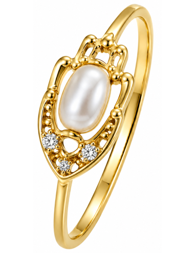 Anillo para Mujer con Perla y Circonitas - Oro Amarillo 18K