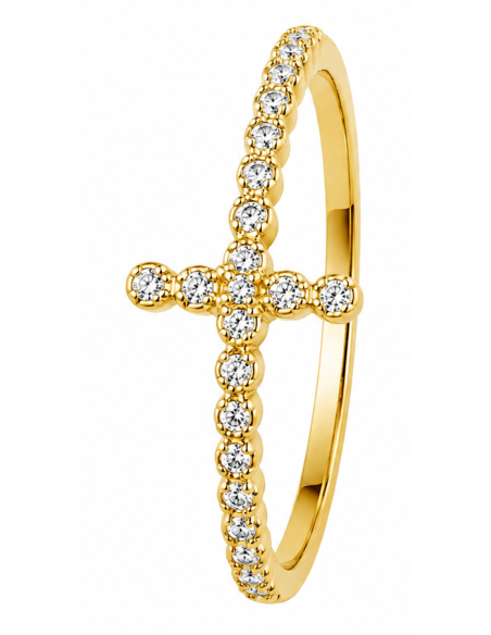 Anillo para Mujer en forma de Cruz con Circonitas - Oro Amarillo 18K