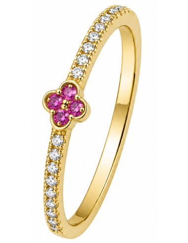 Anillo para Mujer Flor con Circonitas Blancas y Rosas - Oro Amarillo 18K