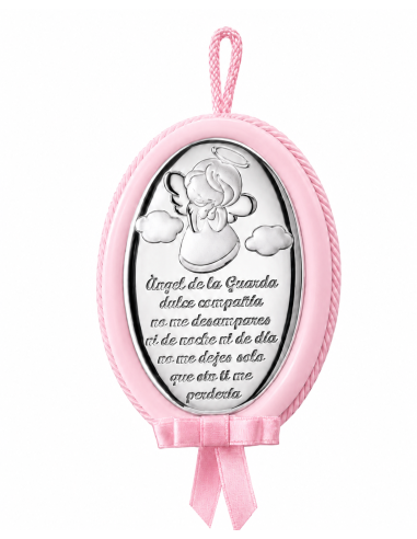 Medallon de Cuna Infantil Ángel de la Guarda Rosa Oracion Español - Eventi EV5104/01SR