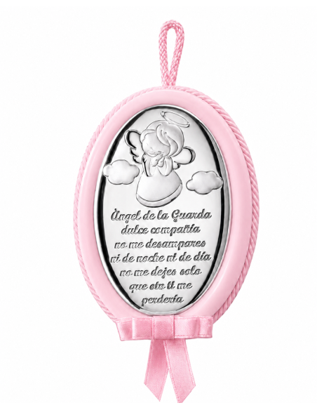 Medallon de Cuna Infantil Ángel de la Guarda Rosa Oracion Español - Eventi EV5104/01SR