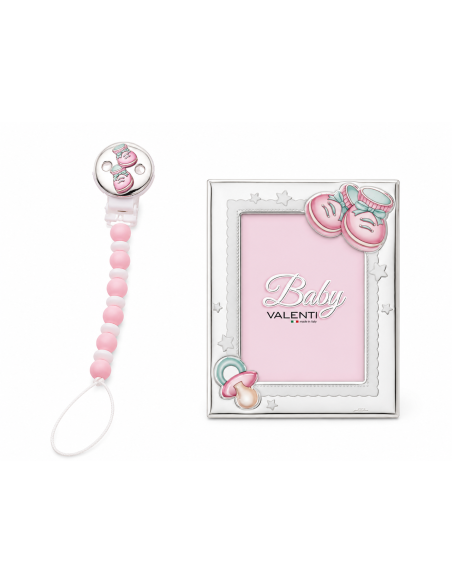 Set Infantil Pinza Mordedor Peucos y Marco de fotos Chupete con Peucos Rosa - Valenti 75096 RA