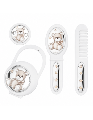 Set Infantil Portachupetes con Pinza, Cepillo y Peine Elefante Blanco - Eventi EV3466/05B