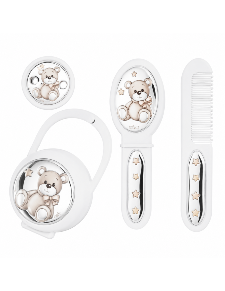 Set Infantil Portachupetes con Pinza, Cepillo y Peine Elefante Blanco - Eventi EV3466/05B