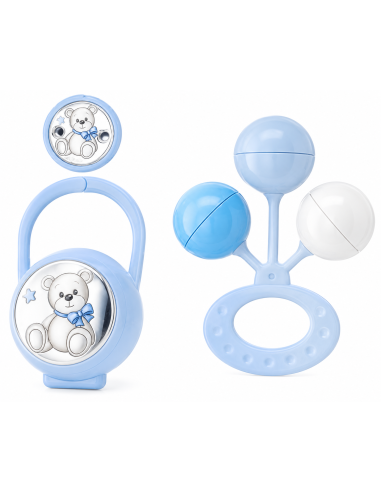 Set Infantil Portachupetes con Pinza y Sonajero Oso Azul - Eventi EV3466/01C