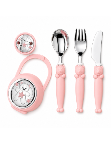 Set Infantil Portachupetes con Pinza y Cubierto Oso Rosa - Eventi EV3536/06R