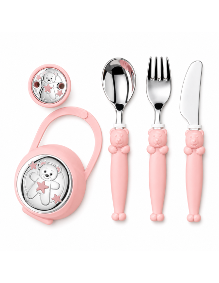 Set Infantil Portachupetes con Pinza y Cubierto Oso Rosa - Eventi EV3536/06R