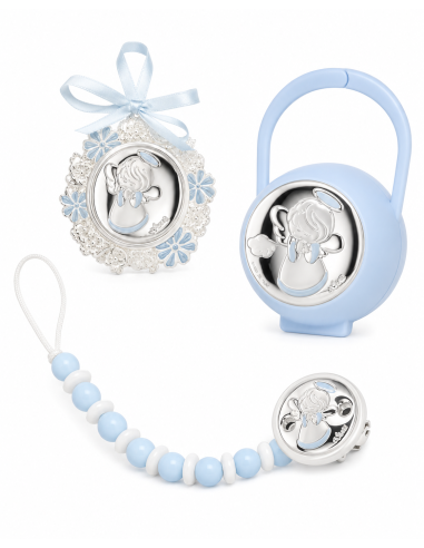 Set Infantil Portachupetes con Pinza mordedor y Medalla cuna Angel de la guarda - Eventi EV5106/06C