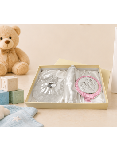 Set Infantil Concha de Bautizo y Medallón Cuna Ángel de la Guarda Rosa - Global Argenti 10550R