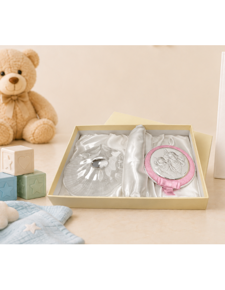 Set Infantil Concha de Bautizo y Medallón Cuna Ángel de la Guarda Rosa - Global Argenti 10550R