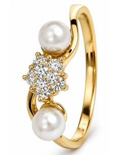 Anillo para Mujer Rosetón con circonitas y Perlas - Oro Amarillo 18K