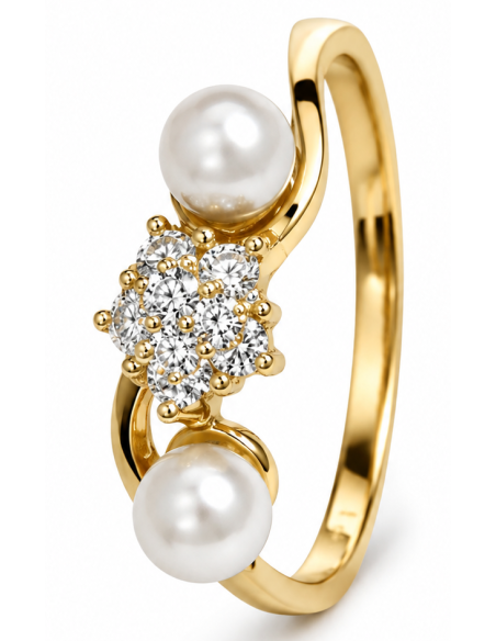 Anillo para Mujer Rosetón con circonitas y Perlas - Oro Amarillo 18K