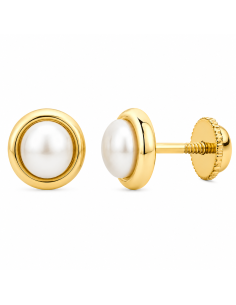 Pendientes para Niña con Perla con Bisel - Oro Amarillo 18K
