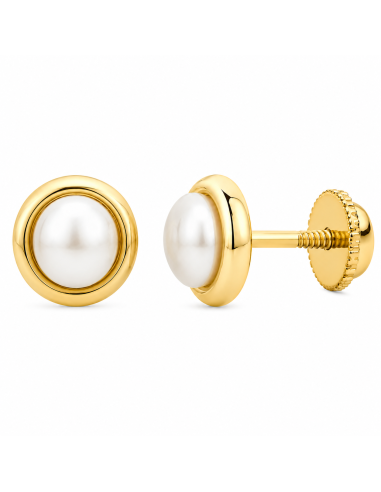 Pendientes para Niña con Perla con Bisel - Oro Amarillo 18K