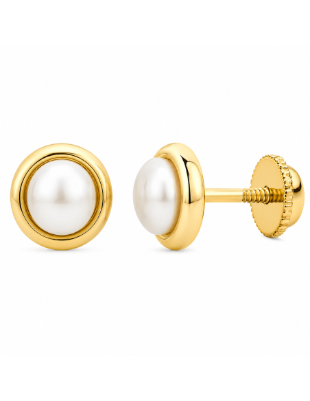 Pendientes para Niña con Perla con Bisel - Oro Amarillo 18K