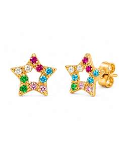 Pendientes para Niña con Estrella Circonita Multicolor - Oro Amarillo 18K
