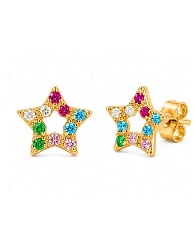 Pendientes para Niña con Estrella Circonita Multicolor - Oro Amarillo 18K