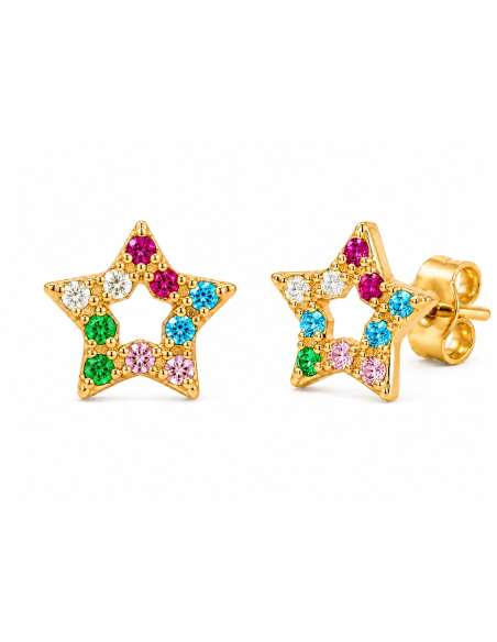 Pendientes para Niña con Estrella Circonita Multicolor - Oro Amarillo 18K