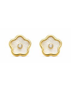 Pendientes para Niña Flor de Nácar con Circonita - Oro Amarillo 18K