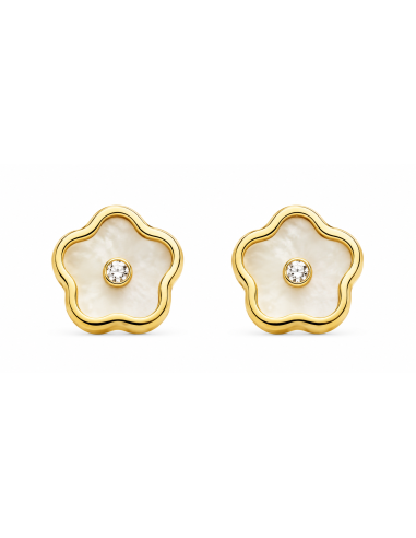 Pendientes para Niña Flor de Nácar con Circonita - Oro Amarillo 18K