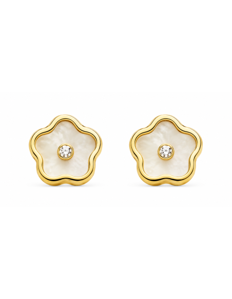 Pendientes para Niña Flor de Nácar con Circonita - Oro Amarillo 18K