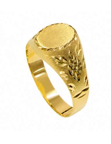 Sello de Oro para caballero Hueco Cabeza Oval Satinada y Grabados Diamantados - Oro Amarillo 18k