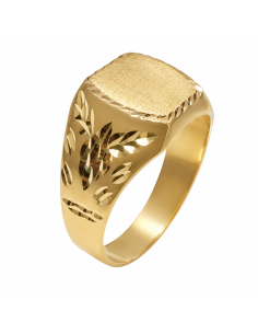 Sello de Oro para caballero Hueco con Cabeza Cuadrada Satinada y Grabado Diamantado de Hojas  - Oro Amarillo 18k