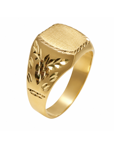 Sello de Oro para caballero Hueco con Cabeza Cuadrada Satinada y Grabado Diamantado de Hojas  - Oro Amarillo 18k