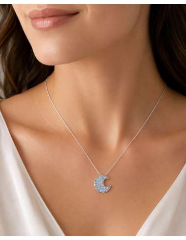 Gargantilla Oro Blanco 18K Luna con Circonitas Aguamarina