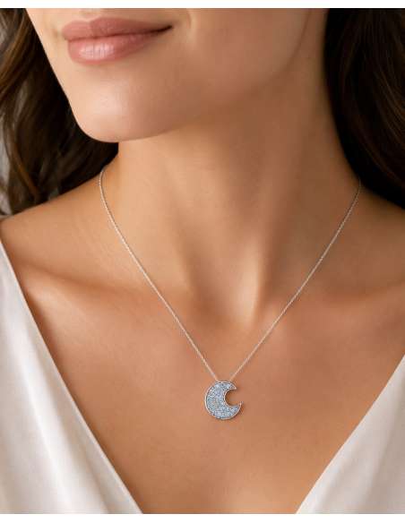 Gargantilla Oro Blanco 18K Luna con Circonitas Aguamarina