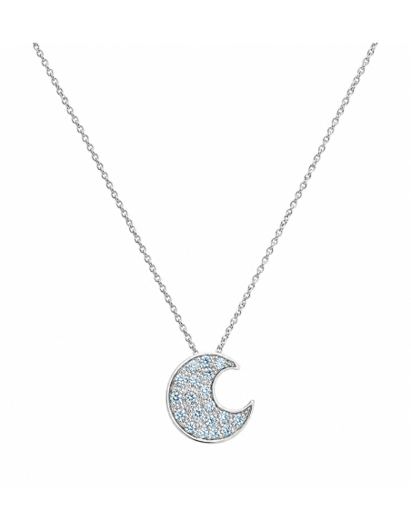 Collar para Mujer con Luna y Circonitas Aguamarina - Oro Blanco 18K