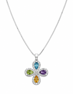 Collar para Mujer con Flor de Topacio Azul, Peridoto, Amatista, Citrino y Circonitas - Oro Blanco 18K