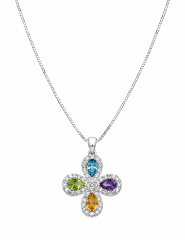 Collar para Mujer con Flor de Topacio Azul, Peridoto, Amatista, Citrino y Circonitas - Oro Blanco 18K