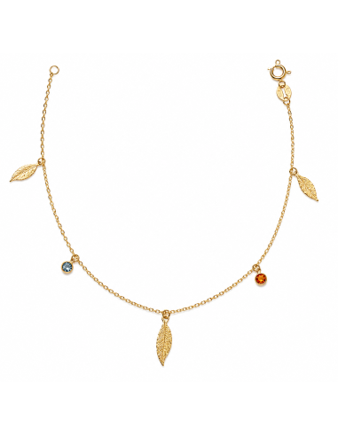 Tobillera para Mujer con Hojas y Circonitas de Colores - Oro Amarillo 18K