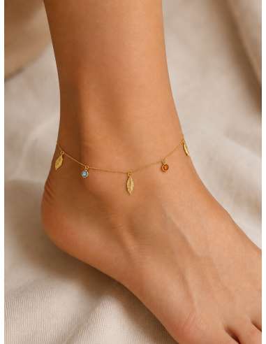 Tobillera para Mujer con Hojas y Circonitas de Colores - Oro Amarillo 18K