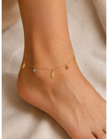 Tobillera para Mujer con Hojas y Circonitas de Colores - Oro Amarillo 18K