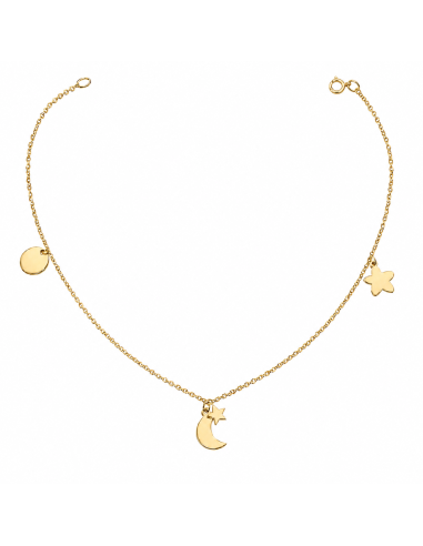 Tobillera para Mujer con Luna, Estrellas y Chapa para Grabar - Oro Amarillo 18K