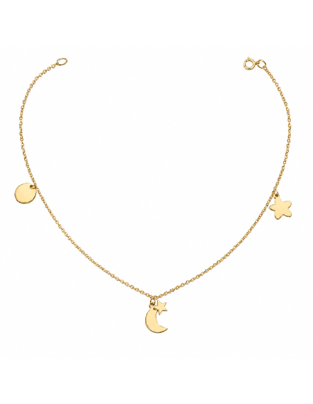 Tobillera para Mujer con Luna, Estrellas y Chapa para Grabar - Oro Amarillo 18K