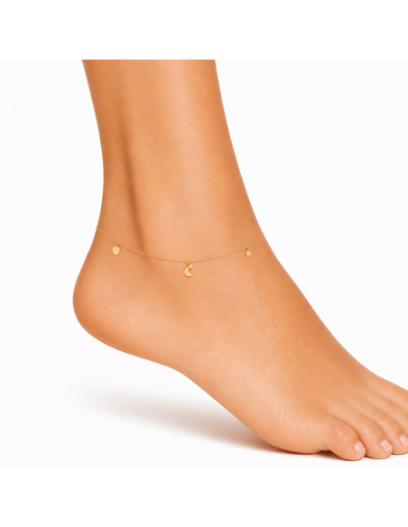 Tobillera Oro 18K Luna, Estrella y Chapa
