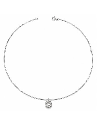 Collar para Mujer con Rígida Articulada con Colgante Circular de Circonitas - Oro Blanco 18K
