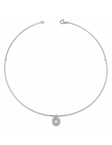Collar para Mujer con Rígida Articulada con Colgante Circular de Circonitas - Oro Blanco 18K