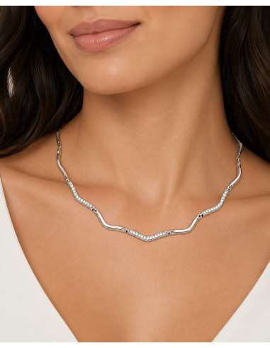 Collar para Mujer con formas onduladas y circonitas - Oro Blanco 18K