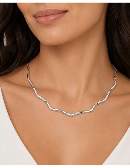 Collar para Mujer con formas onduladas y circonitas - Oro Blanco 18K