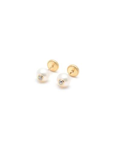 Pendientes bola de Oro 18K con perla cultivada 5.00 mm y circonita central