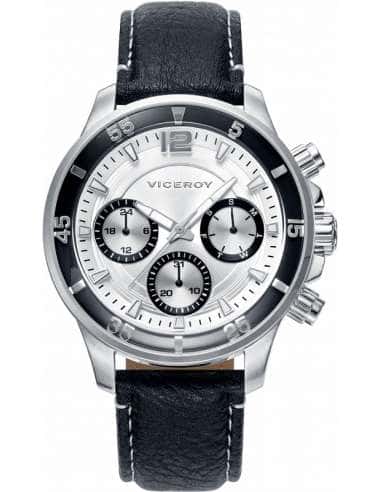 Reloj para Hombre Cronógrafo Acero con Correa de Piel Negra y Esfera Plateada- Viceroy 42223-05