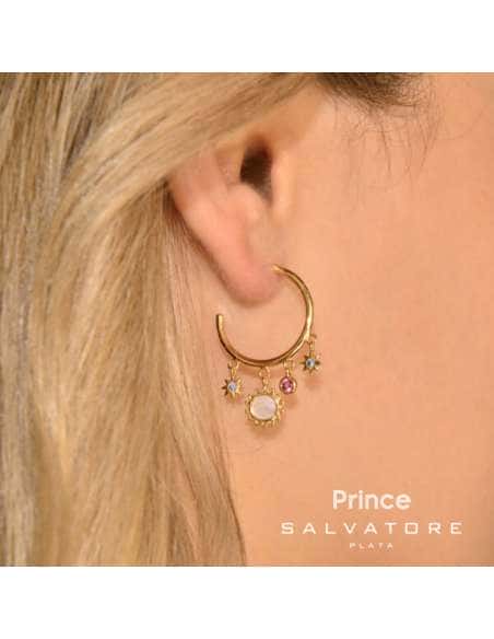 Pendiente para Mujer Aro en Plata Dorada con Sol de Nácar y Estrellas con Circonitas en Plata Dorada - Salvatore 164A0098