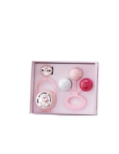 Set Infantil Portachupetes con Pinza y Sonajero oso rosa EV3466/01R
